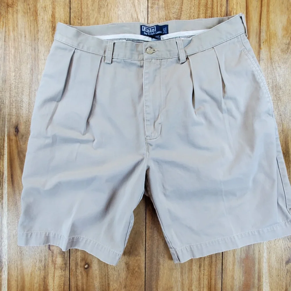 Vintage Polo Ralph Lauren Tyler Short Mens 34 Tan Pleated Cotton Chino Shorts